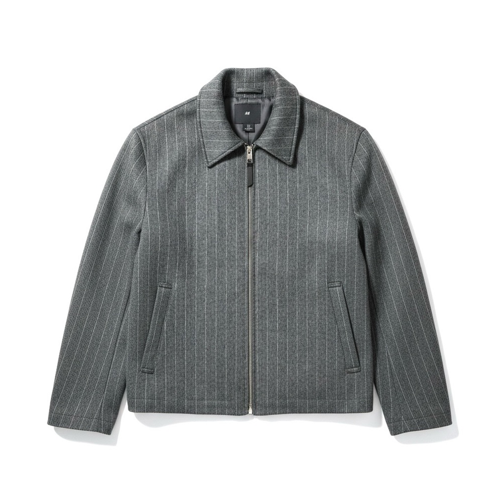 H&M Grey Pinstripe Zip-Up Harrington Jacket Wool Blend Size M
